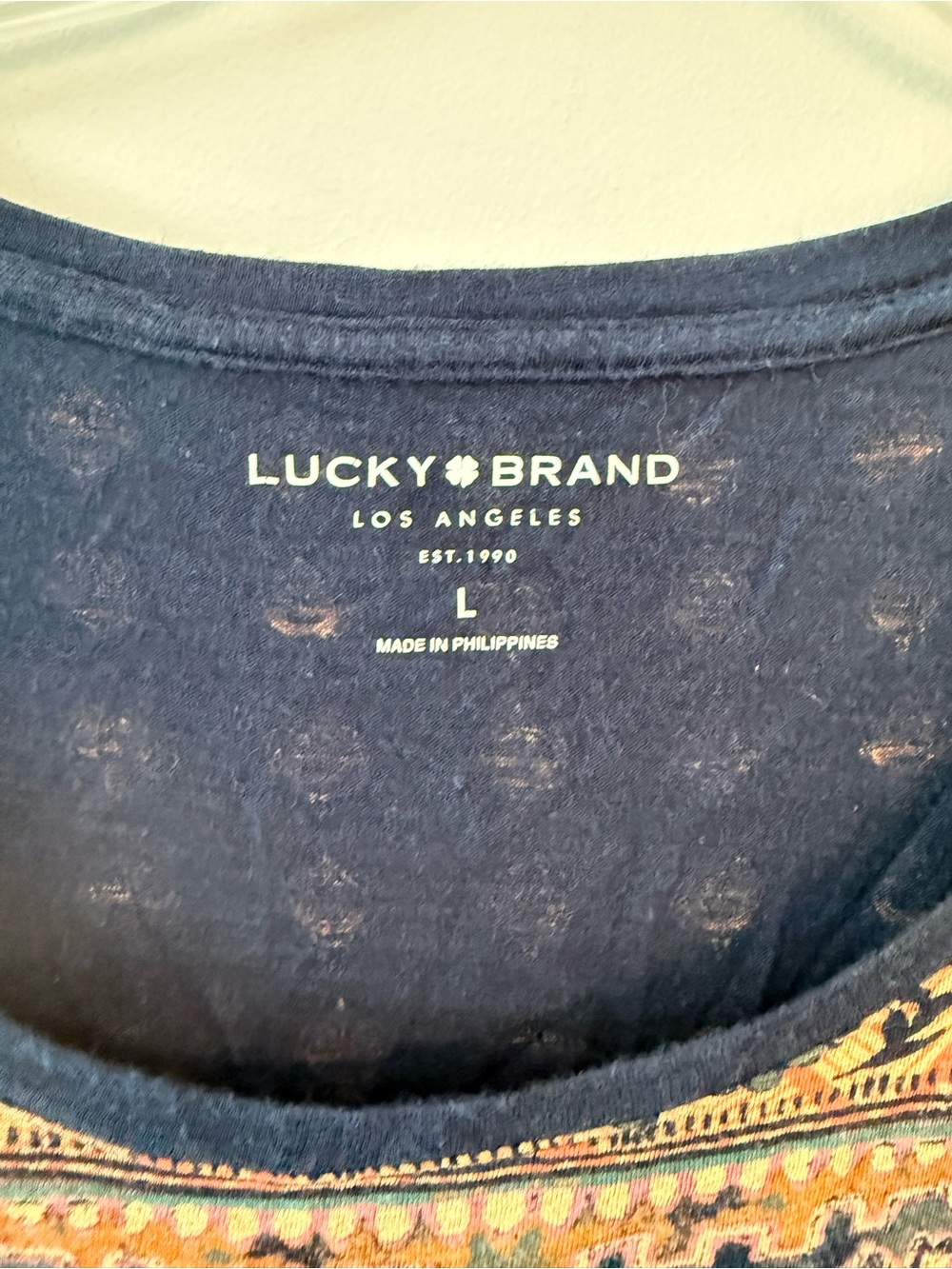 Lucky Brand Navy Blue Mosaic-Print Short Sleeve Tee with Warm Rust Accents - Picture 4 of 4